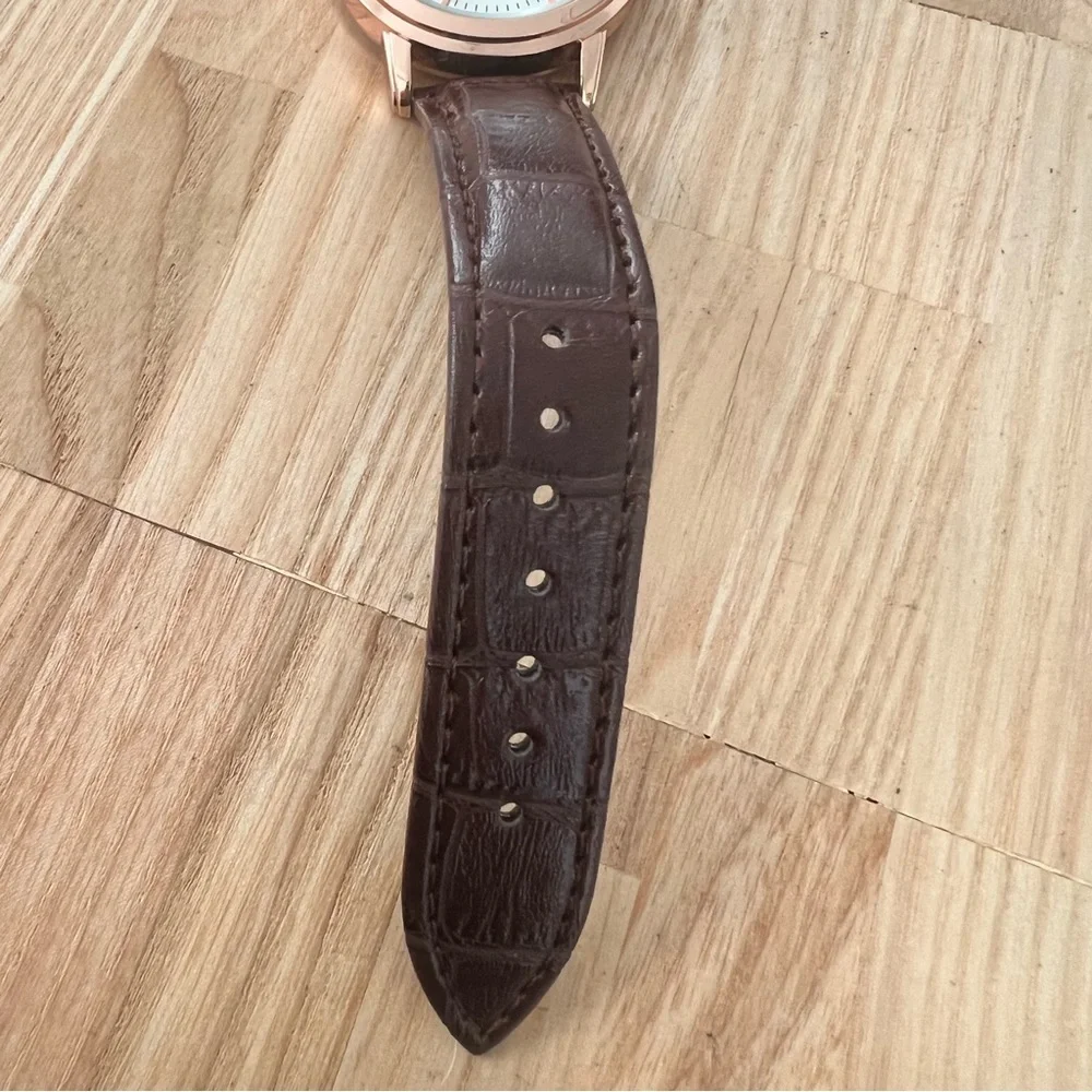NIB Mreurio mens rose gold tone brown leather dress watch NEW BATTERY